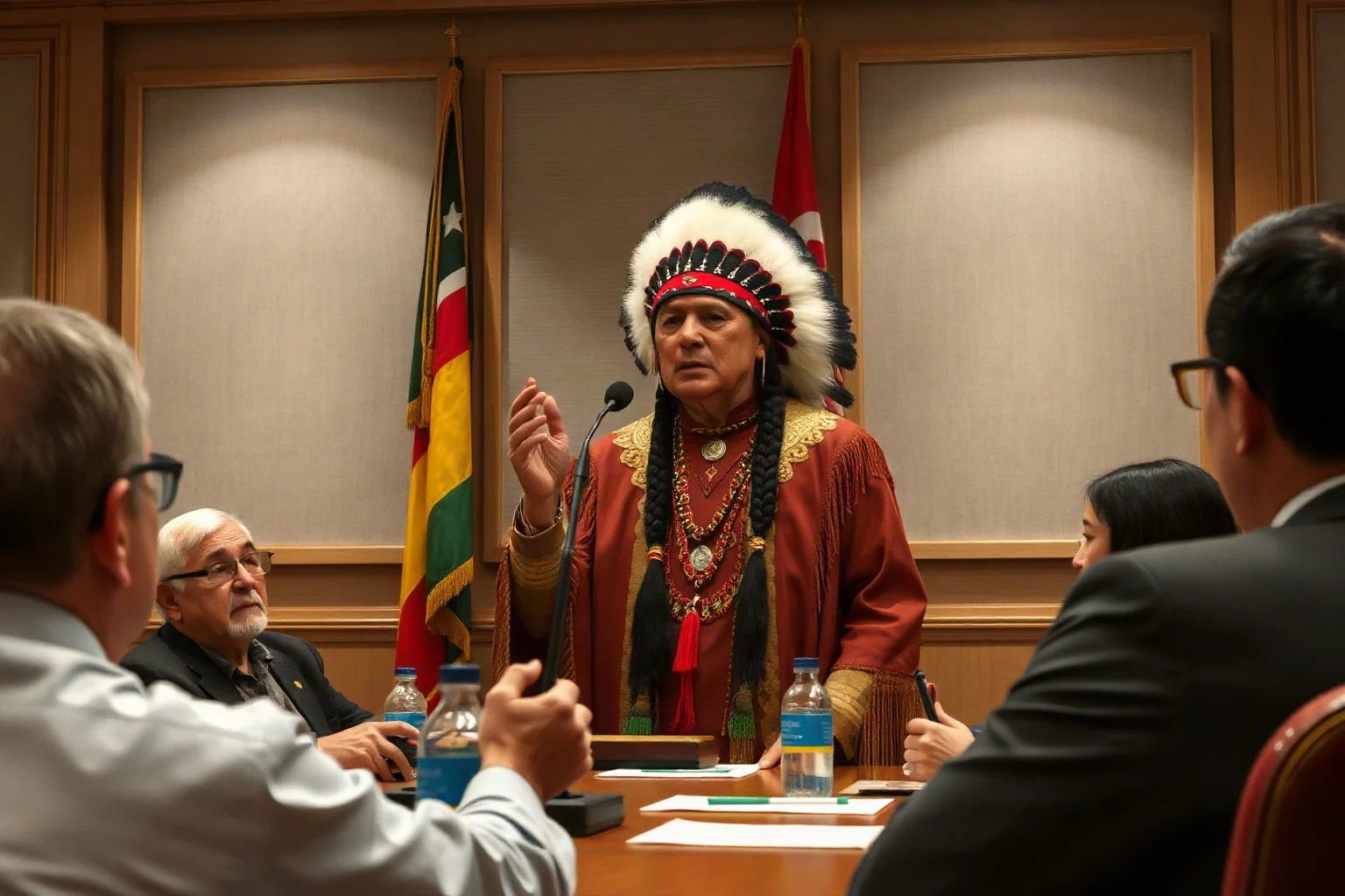 A confident Cherokee Nation leader addressing a room of tribal council members, modern historical illustration style