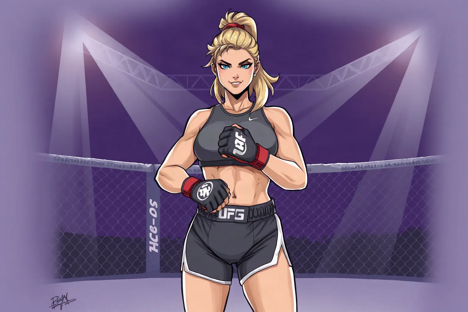 A confident female mixed martial arts fighter in athletic gear standing in a cage arena, dynamic sports illustration