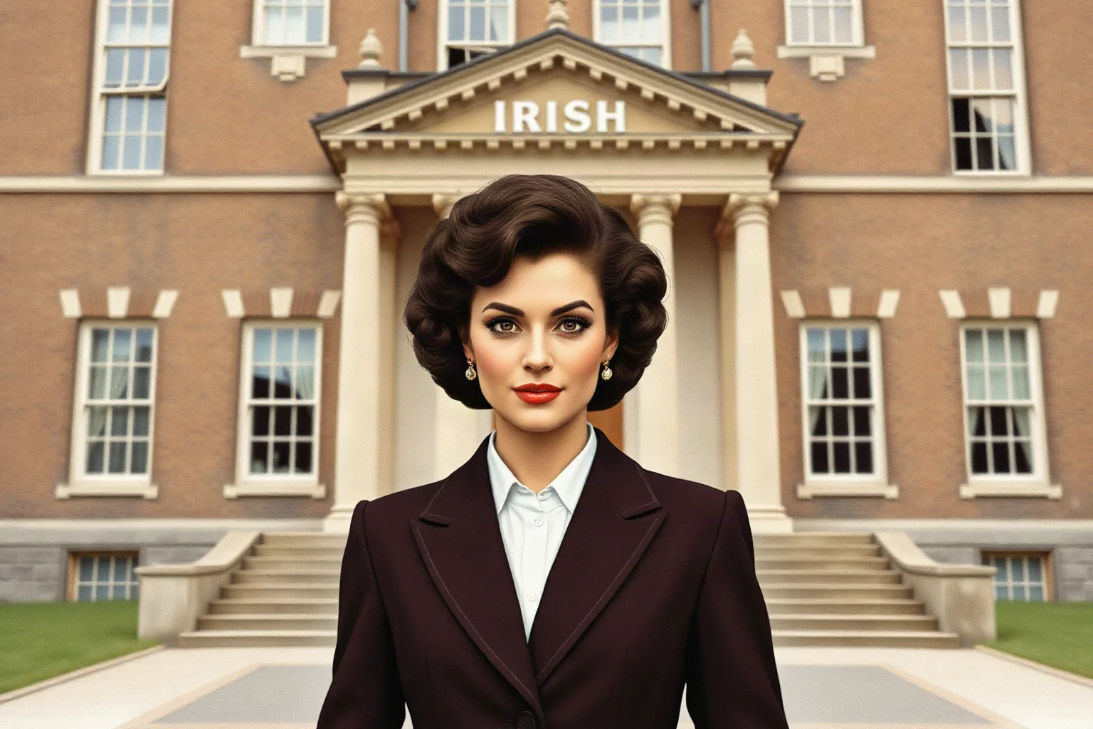 A confident mid-century woman in formal attire standing before an Irish government building, illustrative style