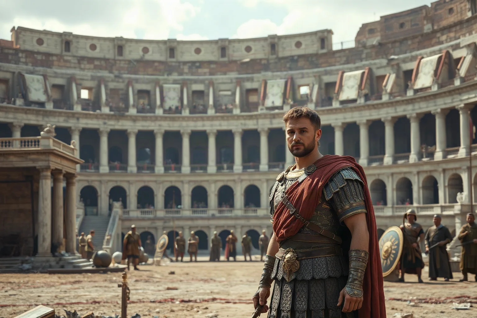 A confident Roman general-turned-emperor standing amid construction of a massive amphitheater, with soldiers and workers busy in the background