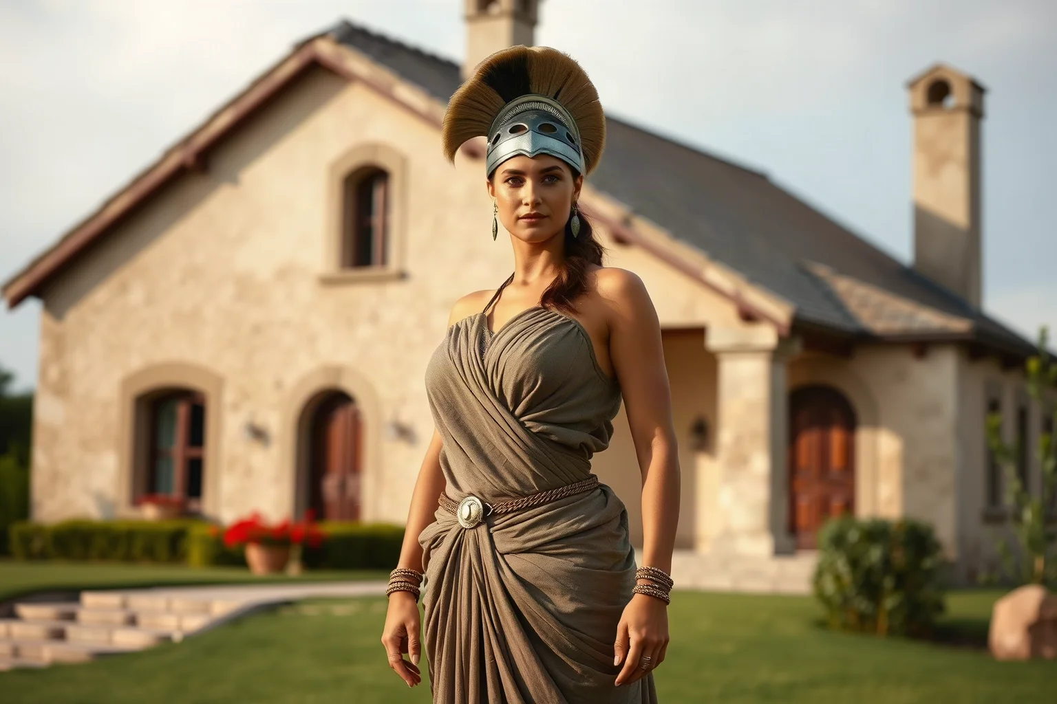 A confident Spartan woman in draped clothing standing before a modest household estate