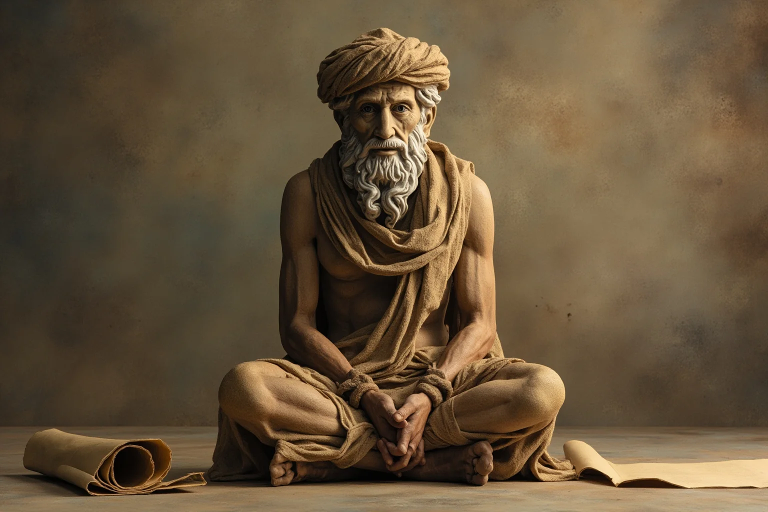 Philosophers Everyone's Heard Of, and 20 Everyone Forgot About 14 A contemplative ancient philosopher sitting cross-legged in silence, empty scroll beside him, symbolizing radical doubt