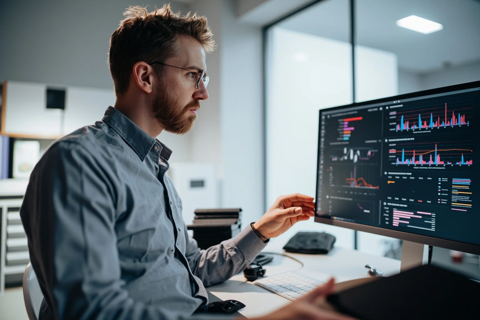 A contemporary research setting with a psychologist analyzing data, graphs, and decision-making patterns on a computer