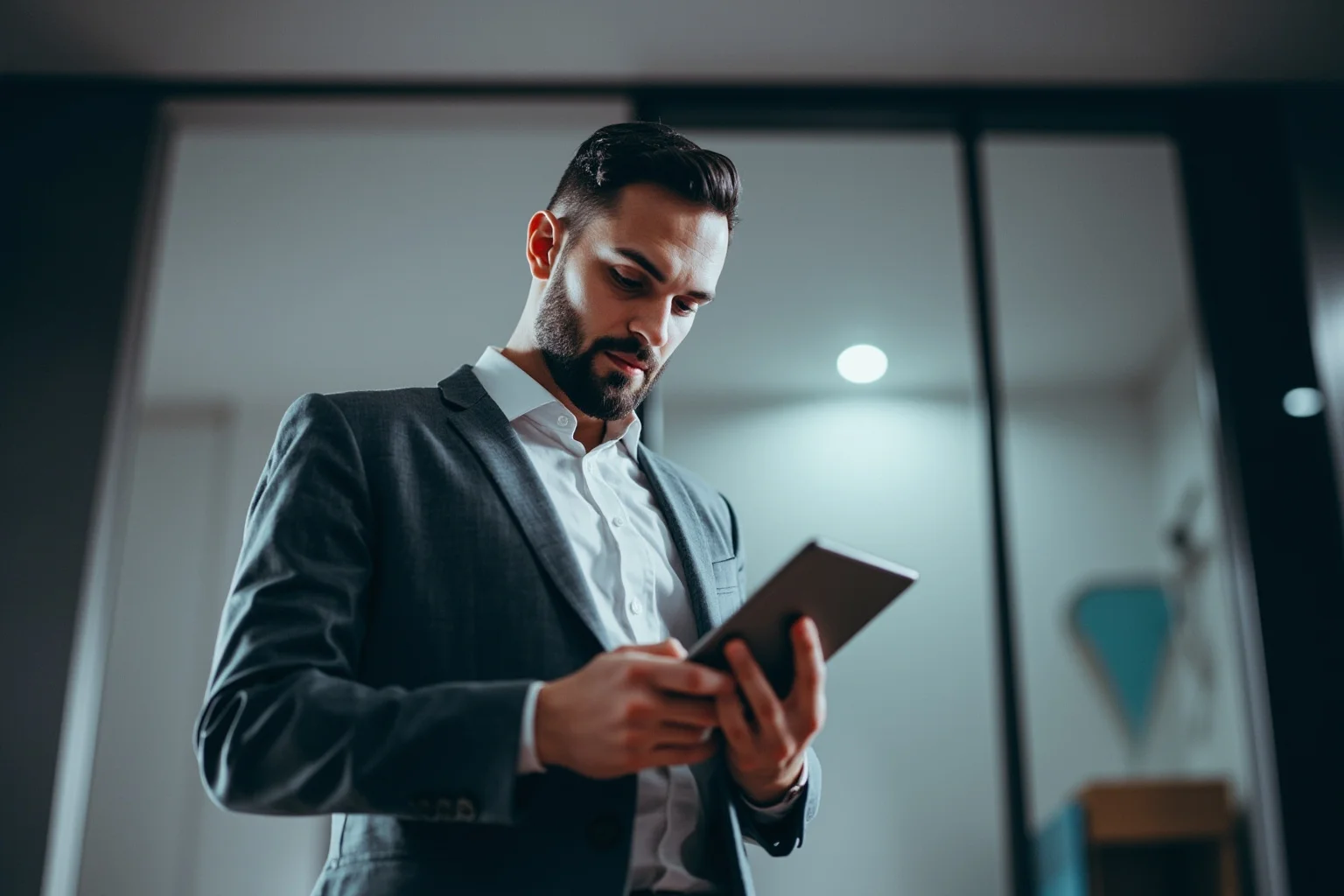 Legendary Cases Involving the Pinkerton Detective Agency 22 A contemporary security consultant in business attire reviewing risk reports on a tablet in a modern office