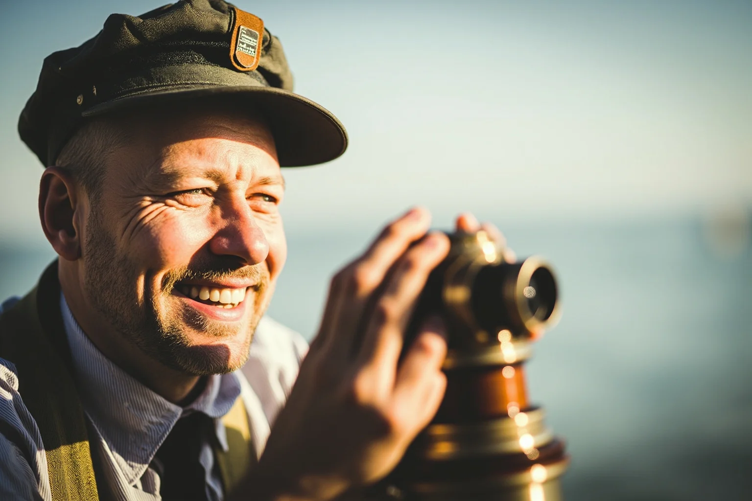 Strange History: Why Lighthouse Keepers Went Mad (Or Did They?) 21 A content, calm lighthouse keeper smiling while polishing the lens in daylight, peaceful historical illustration