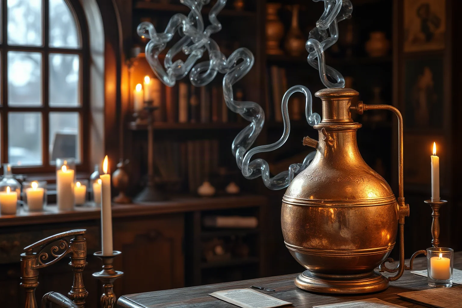 A copper alembic still with curling tubes set up in a candlelit alchemist's room