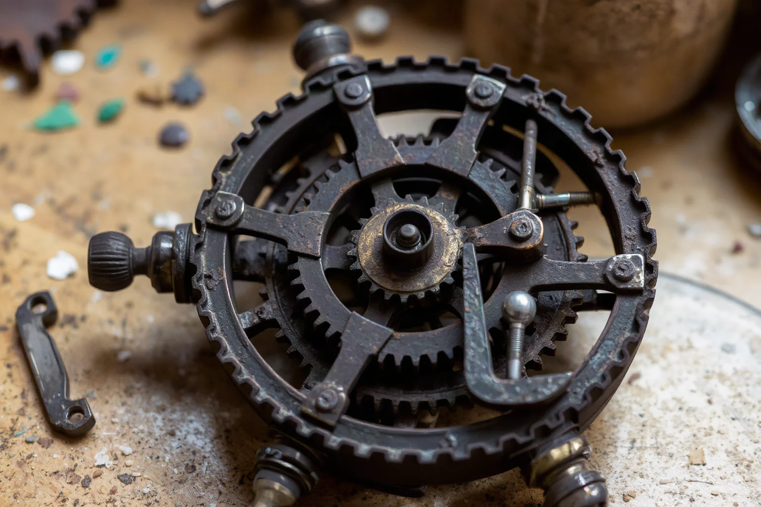 A corroded bronze geared mechanism resembling ancient clockwork, partially disassembled on a table