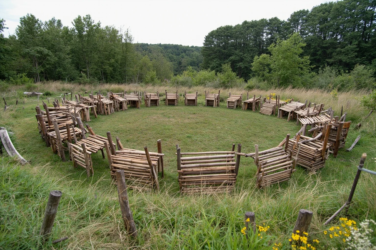 A council circle of longhouse-style wooden structures symbolizing the Iroquois Confederacy's governing tradition