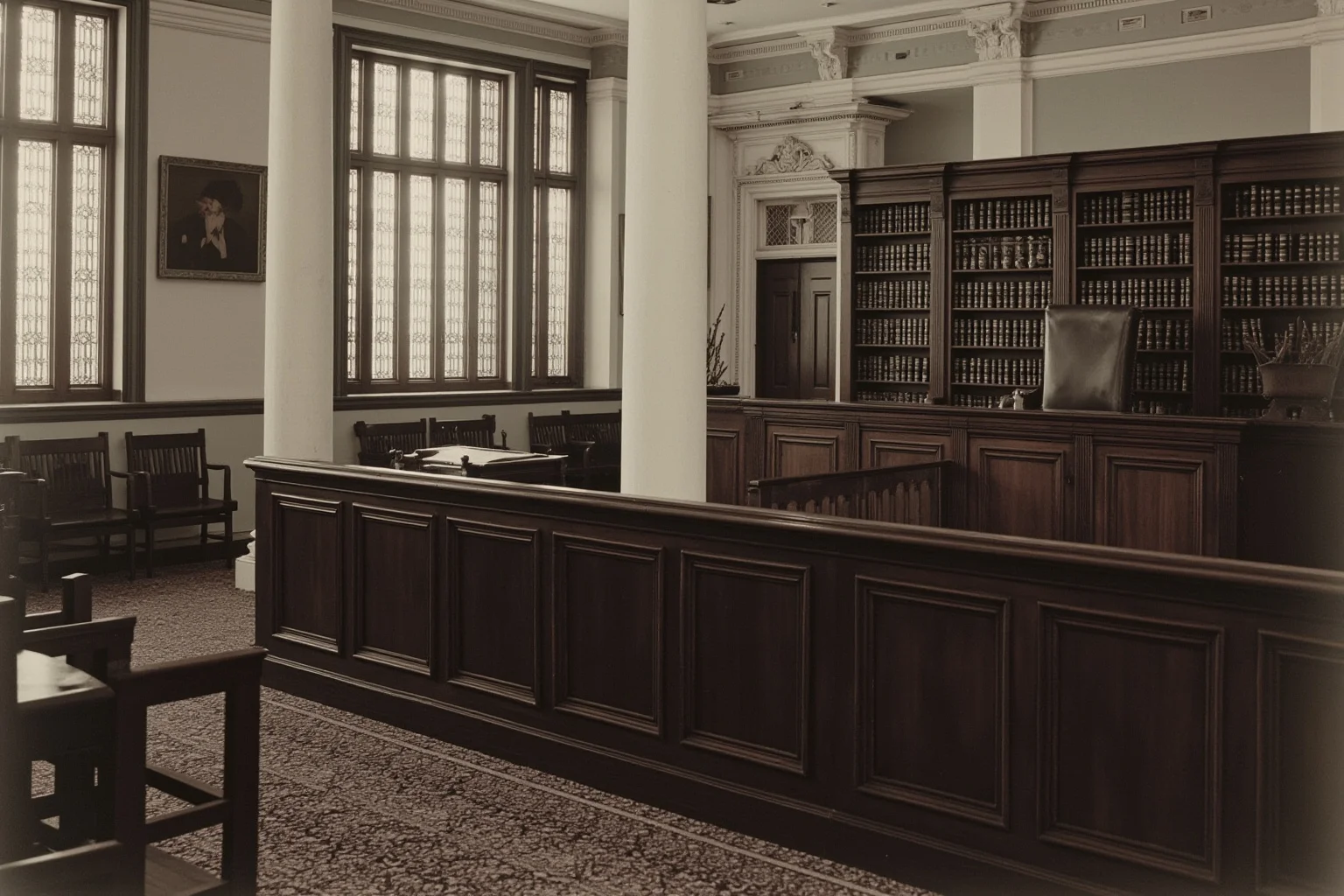 14 Presidents Who Never Served in the Military (And 10 Who Did) 8 A courtroom interior from the early 1900s with judge's bench, law books, and classical architecture