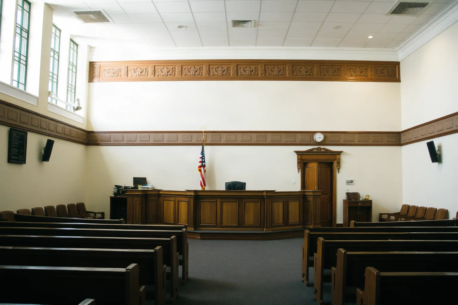 A courtroom interior with empty wooden benches and a judge's bench in soft light
