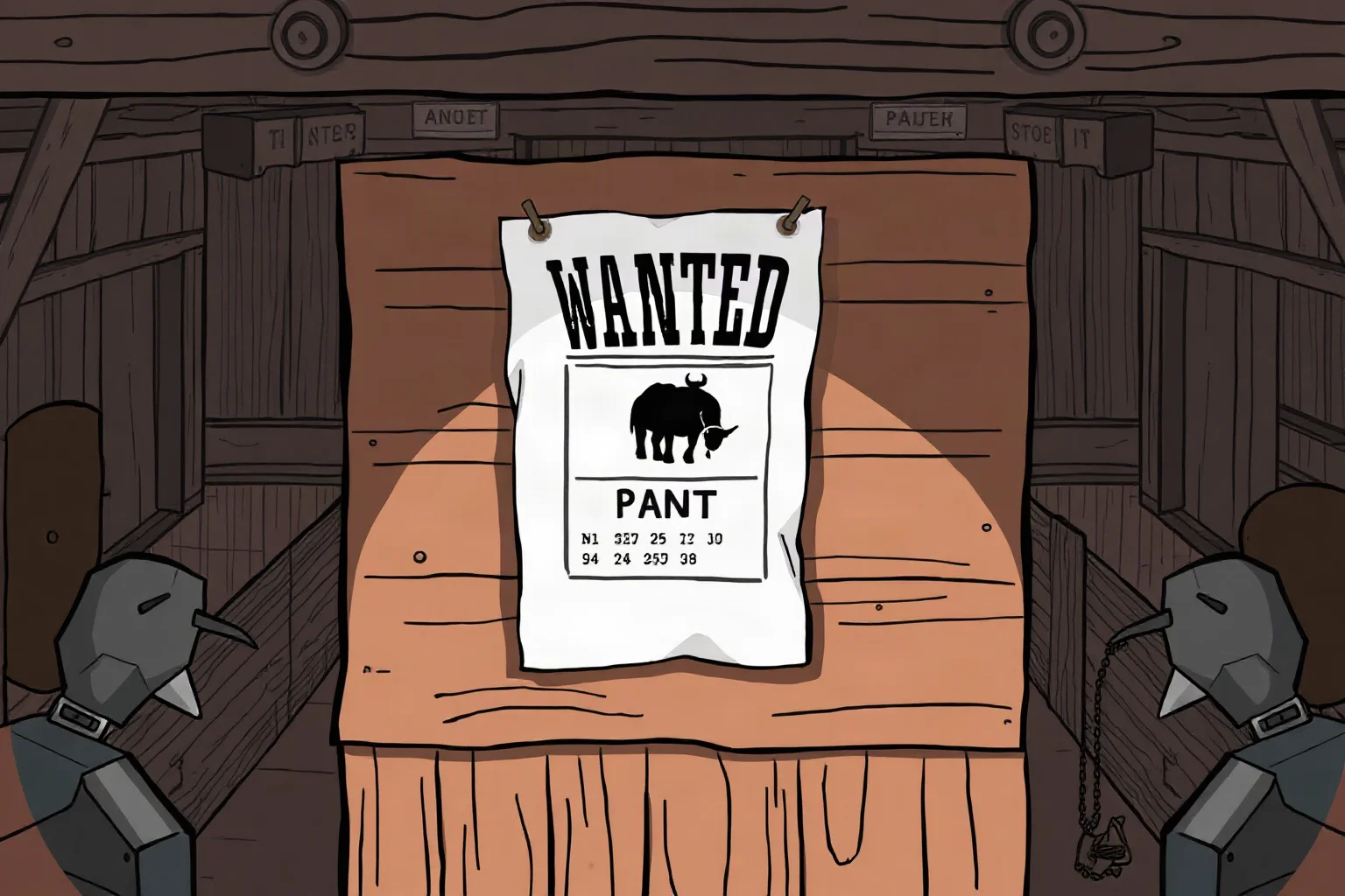 A courtroom-style illustration with a wanted poster pinned to a wooden board in a frontier town