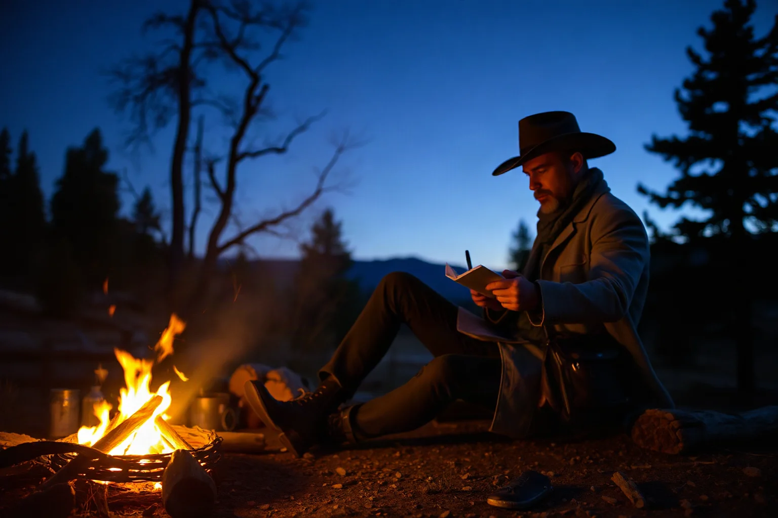 A cowboy detective in a duster coat writing notes beside a campfire on the trail
