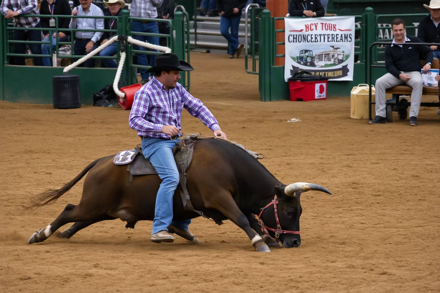 A cowboy performer wrestling a steer to the ground at a dusty rodeo arena