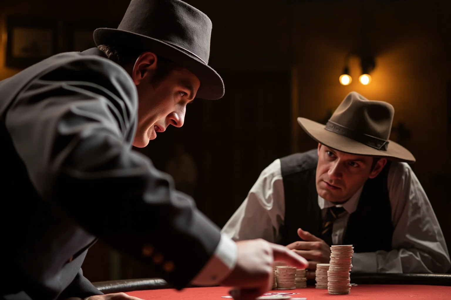 Hilarious Slang Terms From The Wild West 14 A cowboy pointing accusingly at another man across a poker table, tense saloon atmosphere, dramatic lighting