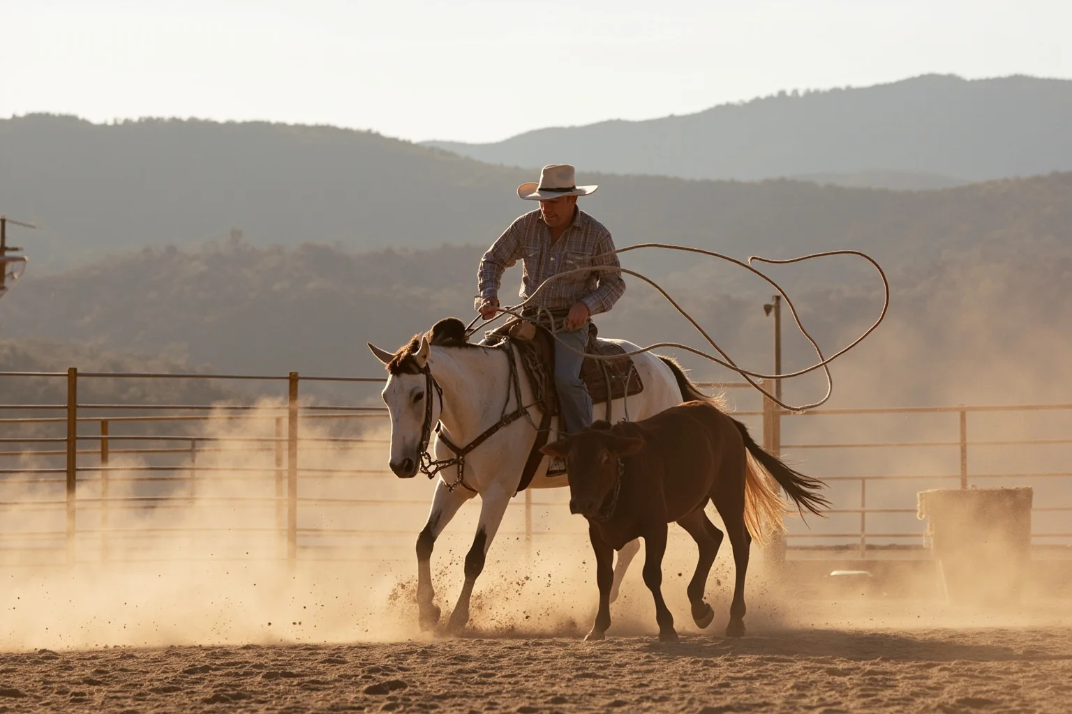 A cowboy roping a calf in a dusty corral, showing the practical ranch-work origins of rodeo sports