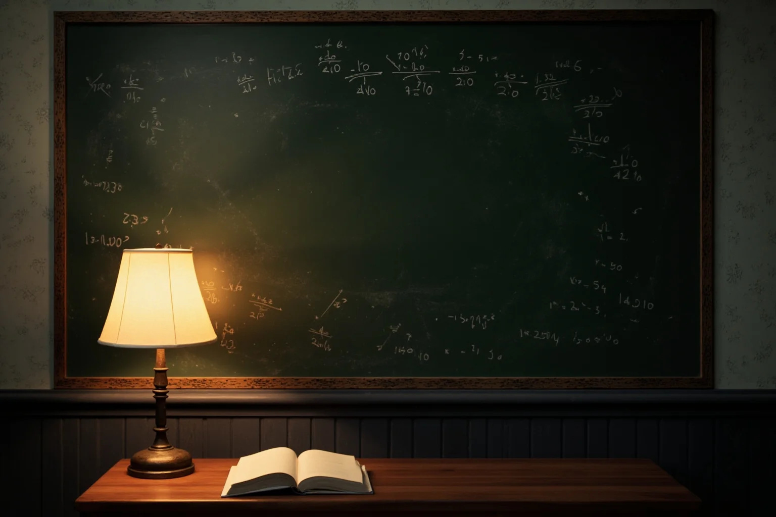 A cozy 1950s study with a chalkboard covered in equations and a warm reading lamp