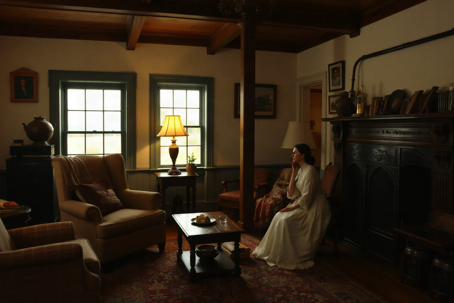 A cozy 19th-century American farmhouse parlor with a courting couple sitting by the fireplace