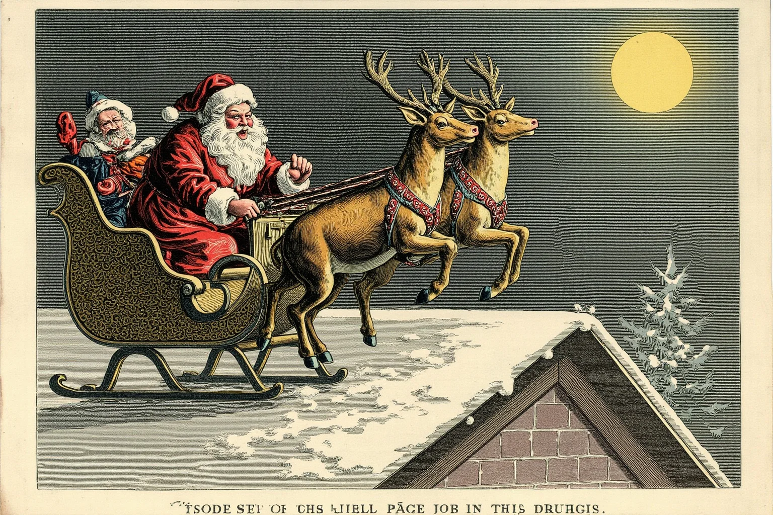 The Origin Of Santa Claus And How He Became Our Christmas Icon 4 A cozy 19th-century engraving-style scene of a plump, cheerful Santa figure with a sleigh and reindeer landing on a snowy rooftop under moonlight