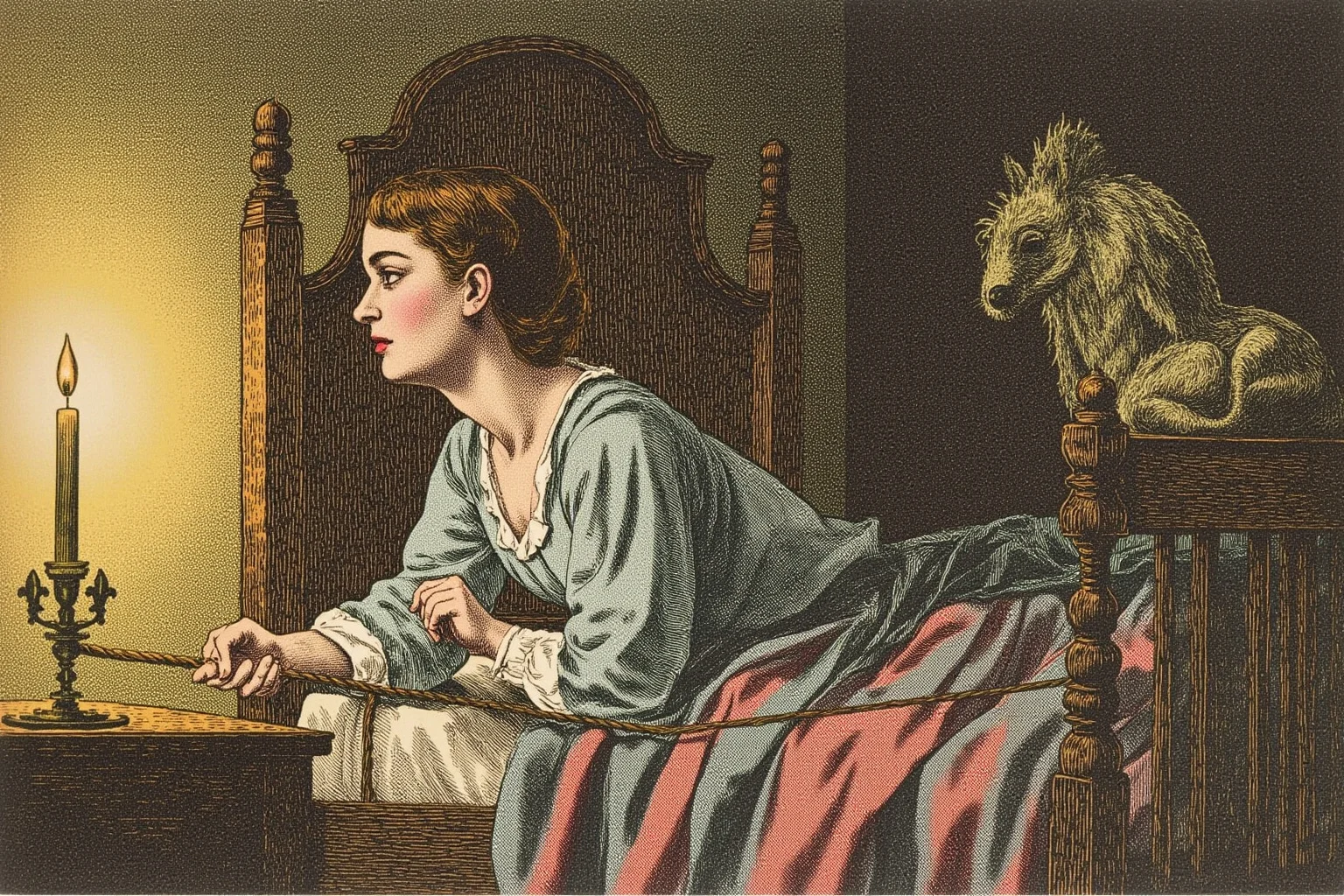 A cozy antique rope-strung bed being tightened by hand in a candlelit bedroom, vintage illustration for 'sleep tight'