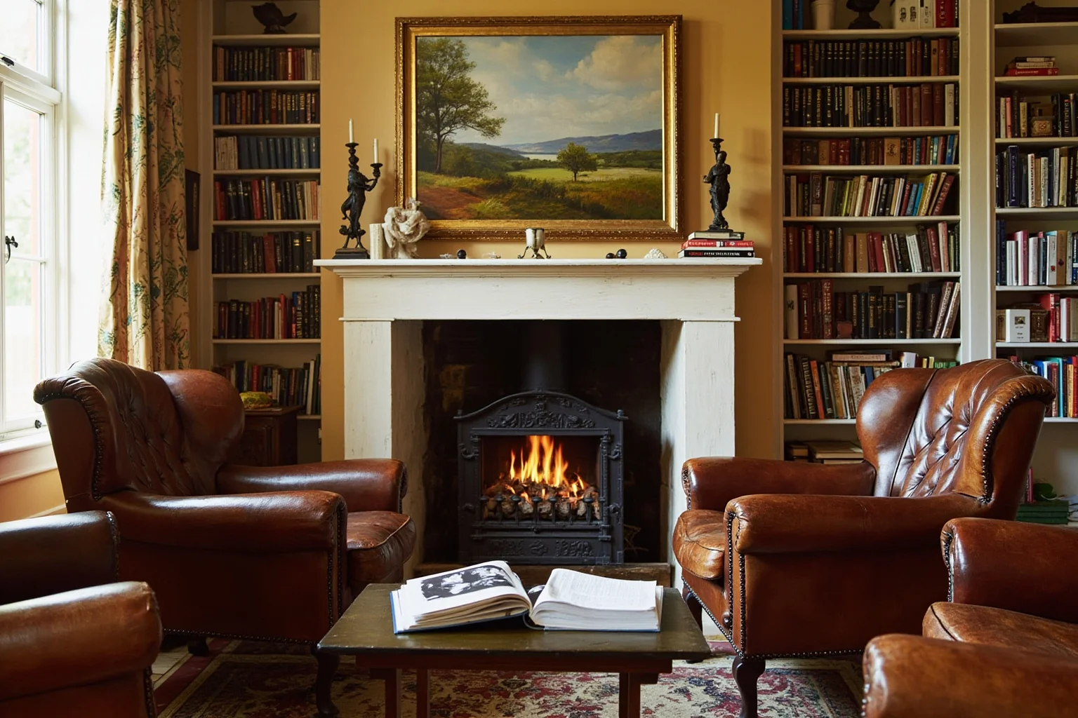 A cozy English countryside study with leather armchairs, a fireplace, and stacks of books
