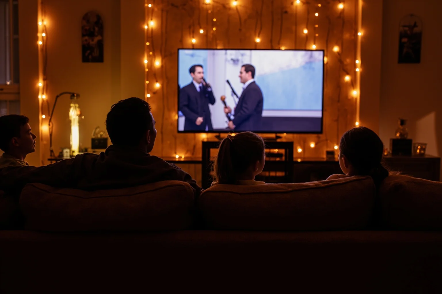 A cozy living room with a television glowing softly, representing a family streaming a filmed stage performance