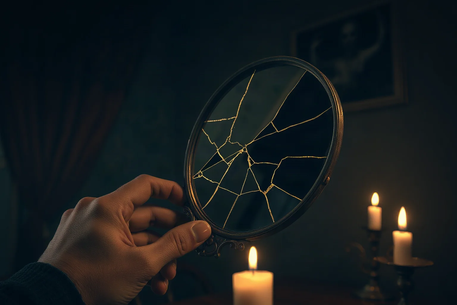 A cracked antique hand mirror in a dark candlelit room, faint eerie reflection barely visible, spooky folklore illustration