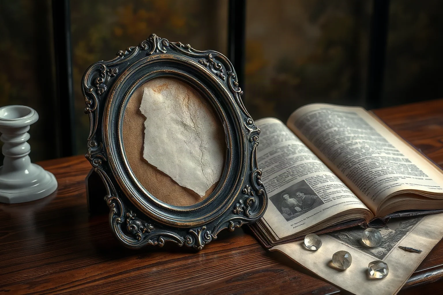 A cracked antique portrait frame beside an open history book on a wooden table, illustration