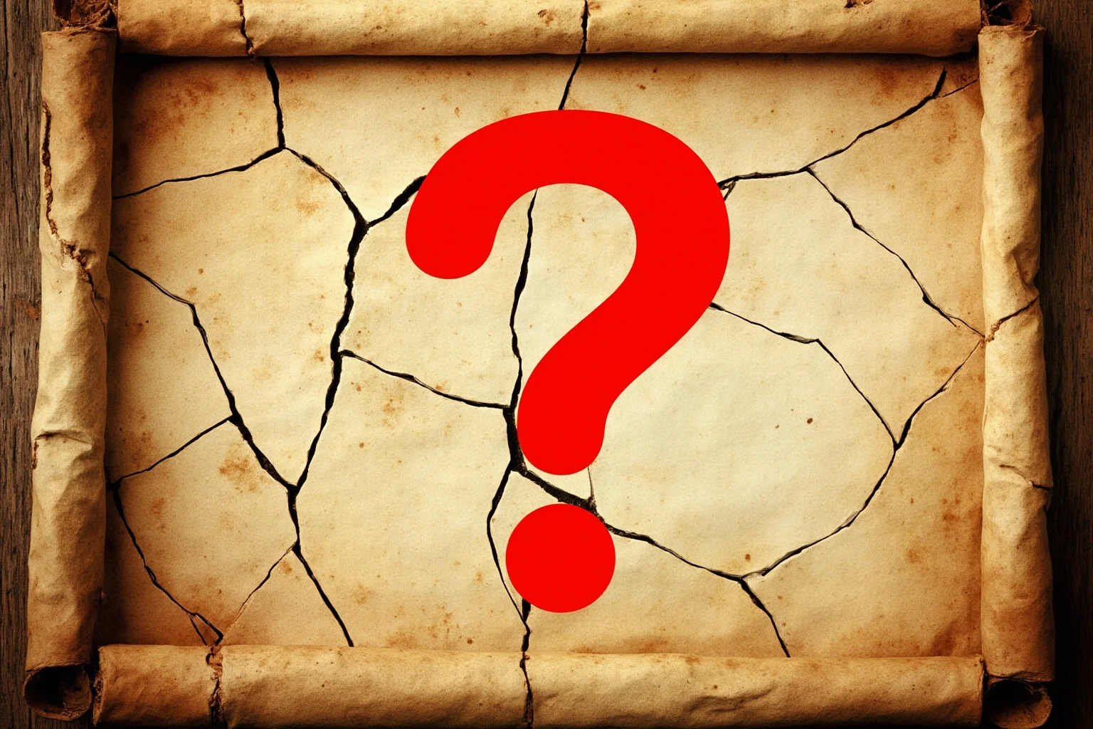 A cracked antique scroll with a large red question mark overlay, symbolizing a myth being questioned