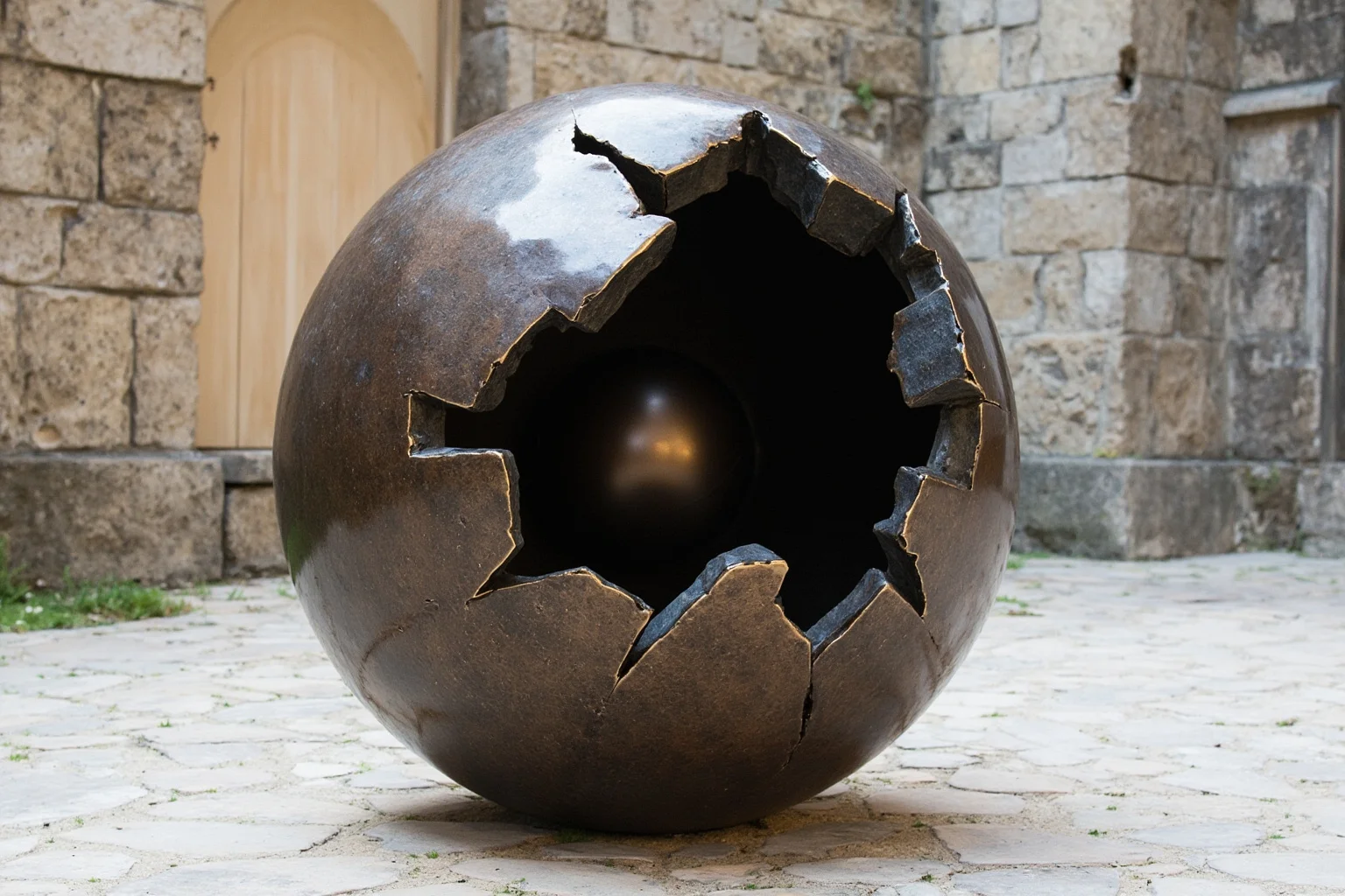 A cracked bronze sphere sculpture revealing a fractured inner sphere in a stone courtyard