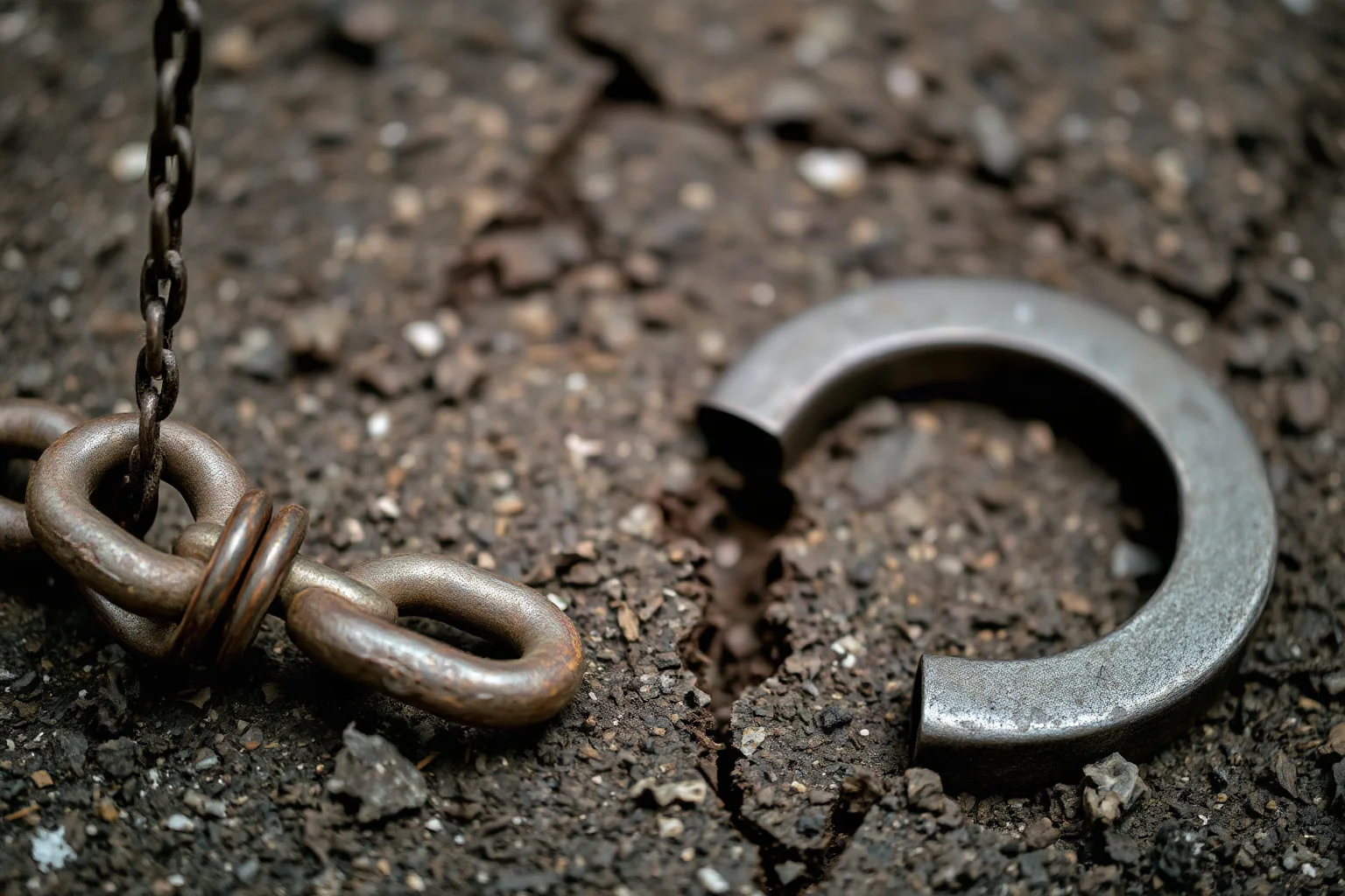 A cracked chain lying on the ground beside an open iron shackle, symbolic imagery
