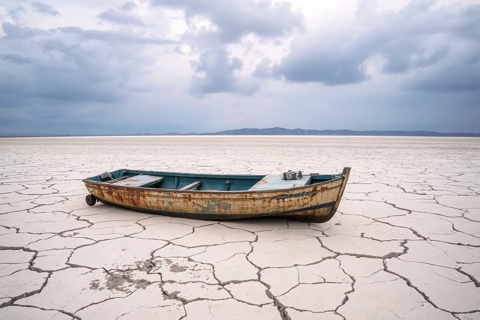 A cracked dry lakebed stretching to the horizon with a rusted abandoned fishing boat stranded on the sand
