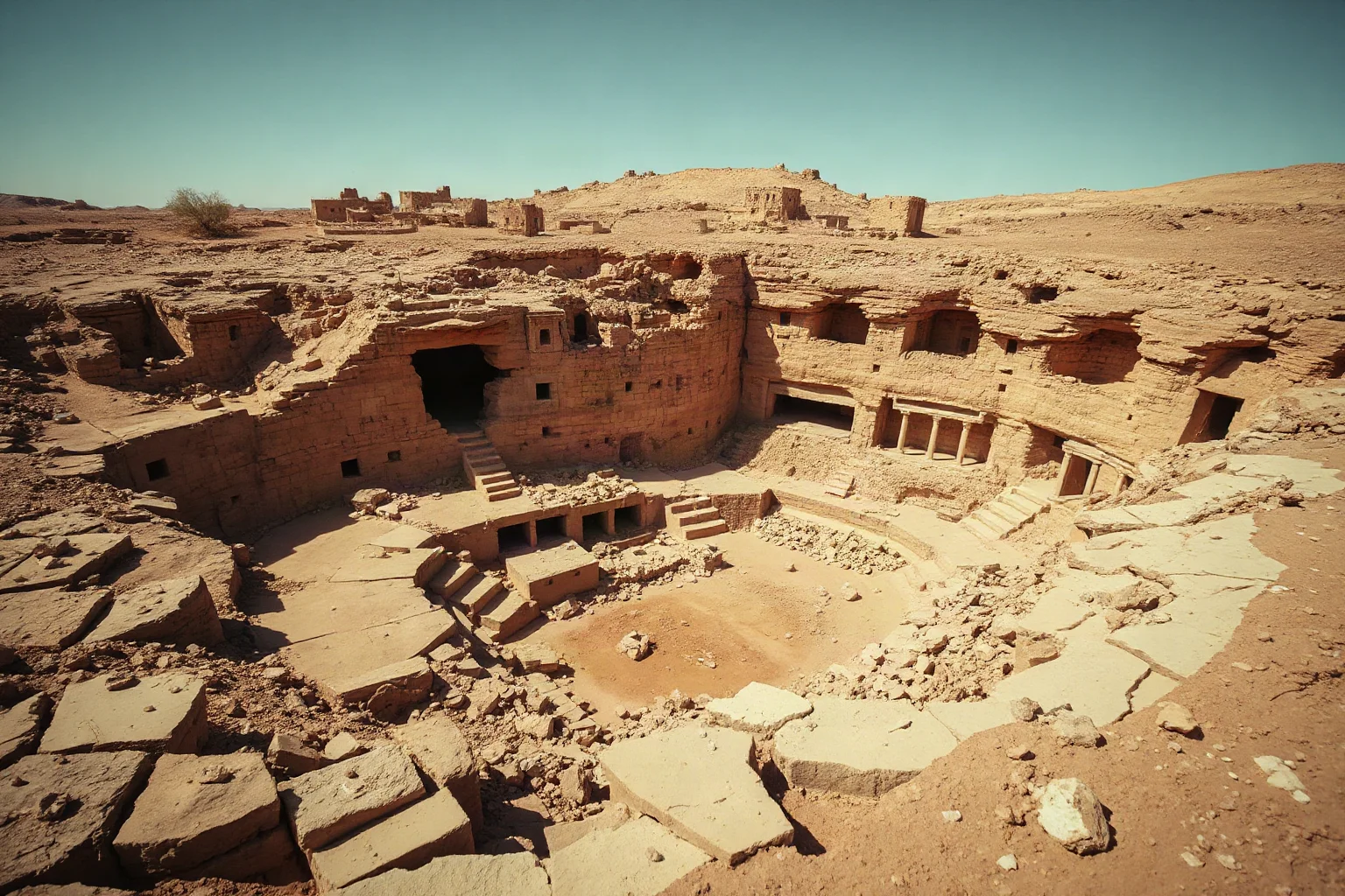 A cracked earth landscape after a massive historical earthquake, collapsed traditional dwellings carved into cliffside terrain, dusty atmosphere