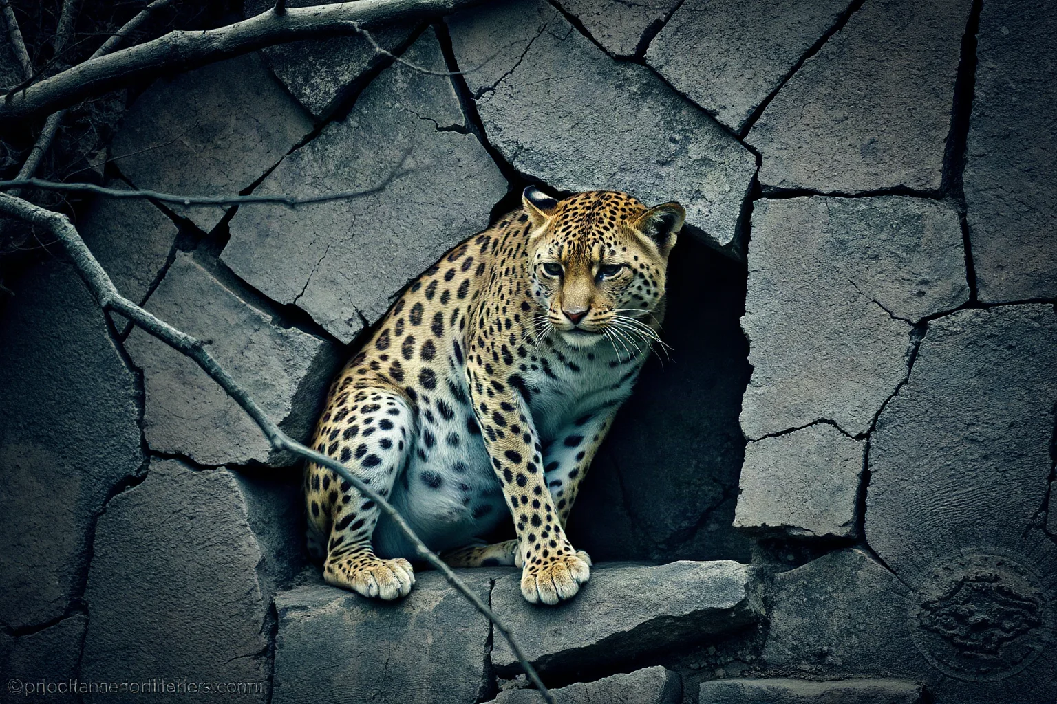 A cracked stone animal enclosure with a thin, tired-looking big cat inside, somber muted color palette, historical style