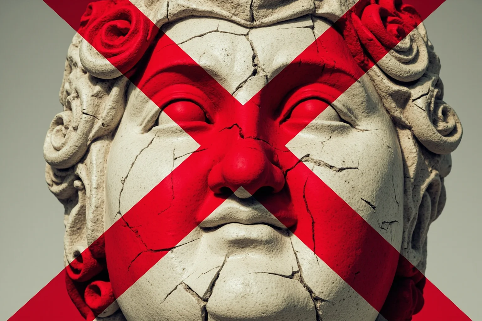 26 Facts About Nostradamus and His Predictions 25 A cracked stone bust with a sarcastic red 'X' mark overlay, symbolizing debunked myths