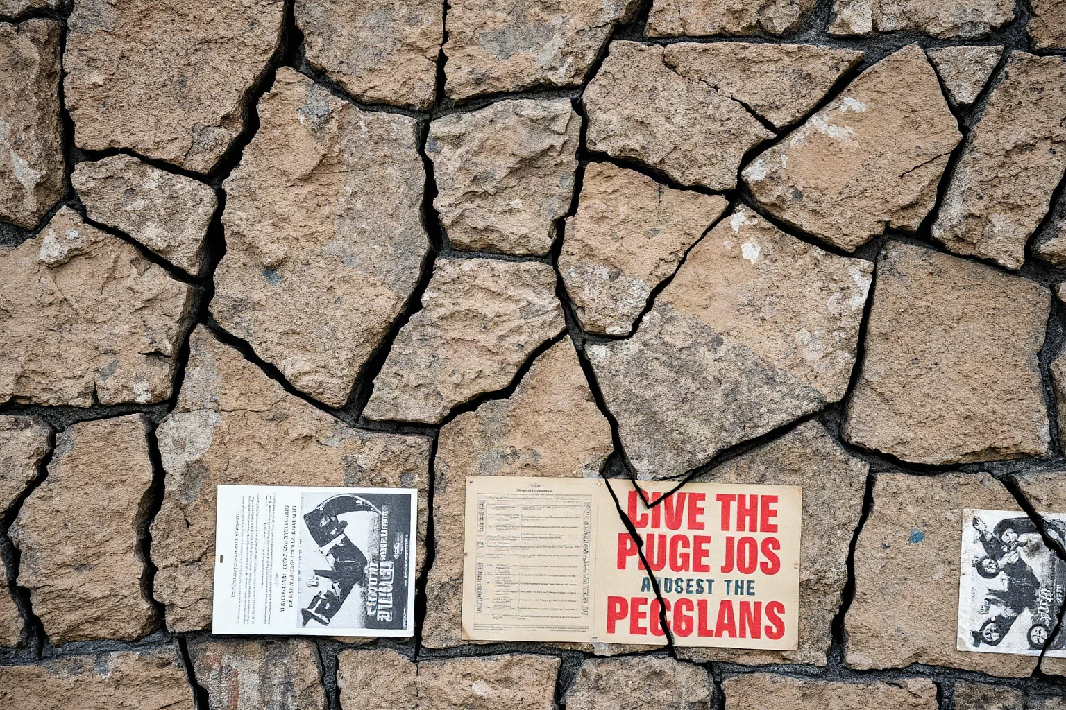 A cracked, weathered stone wall with faded old protest posters layered over each other