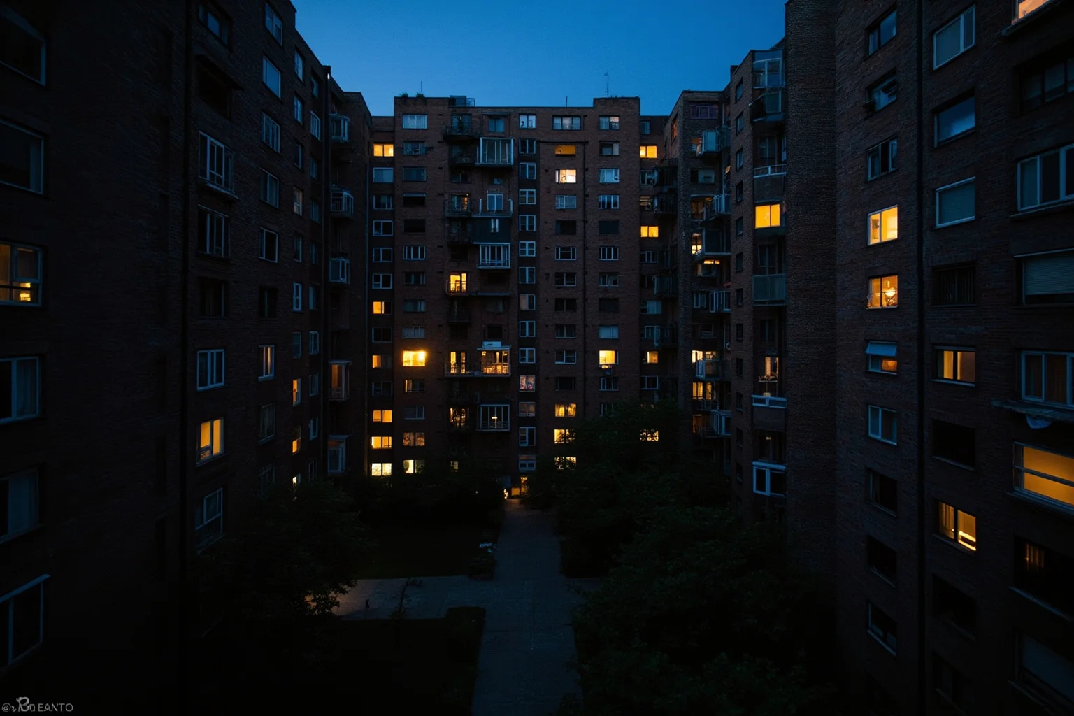 A cramped 1960s public housing apartment building courtyard in Brooklyn at dusk