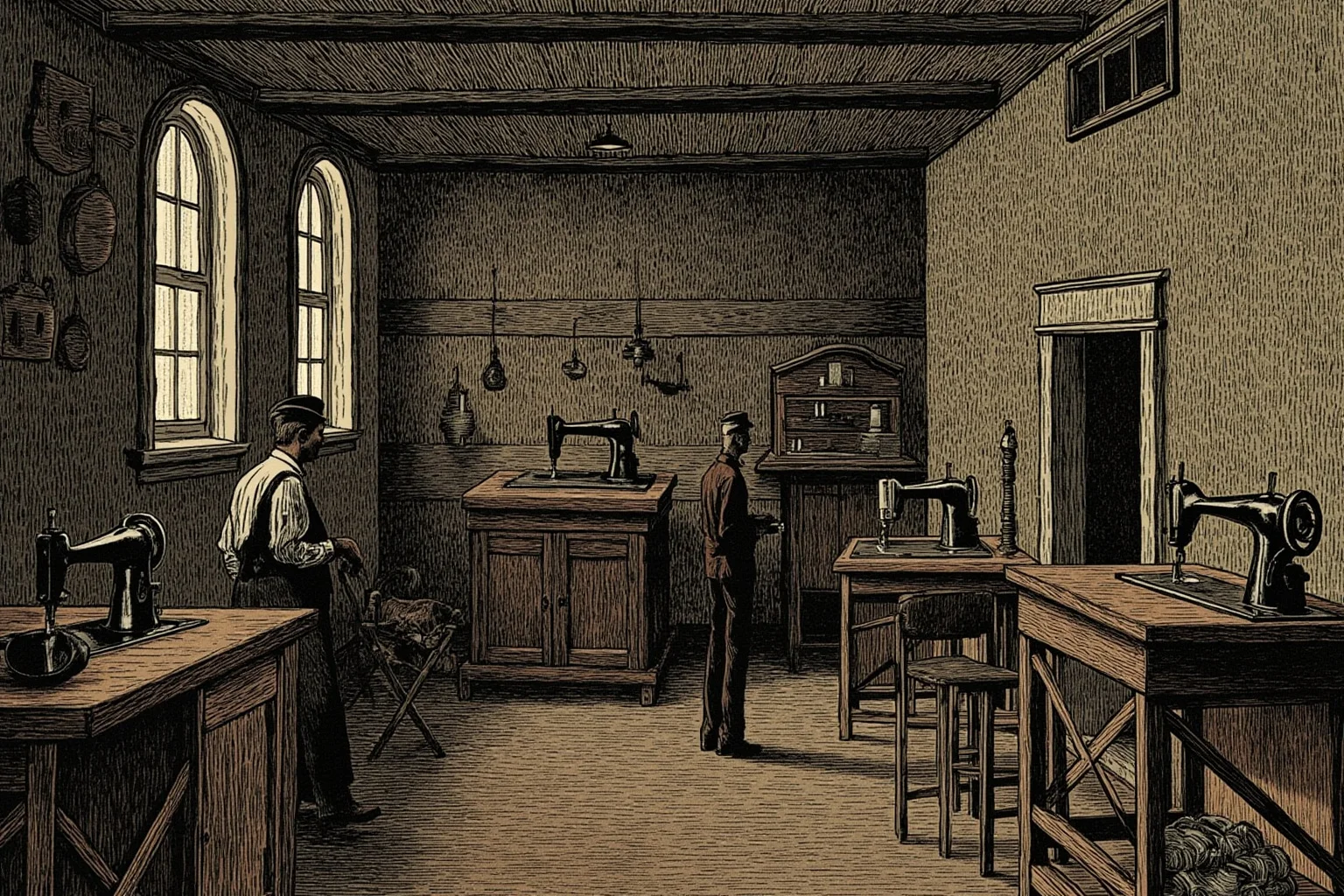 A cramped early 1900s American tenement sweatshop with sewing machines, illustration style