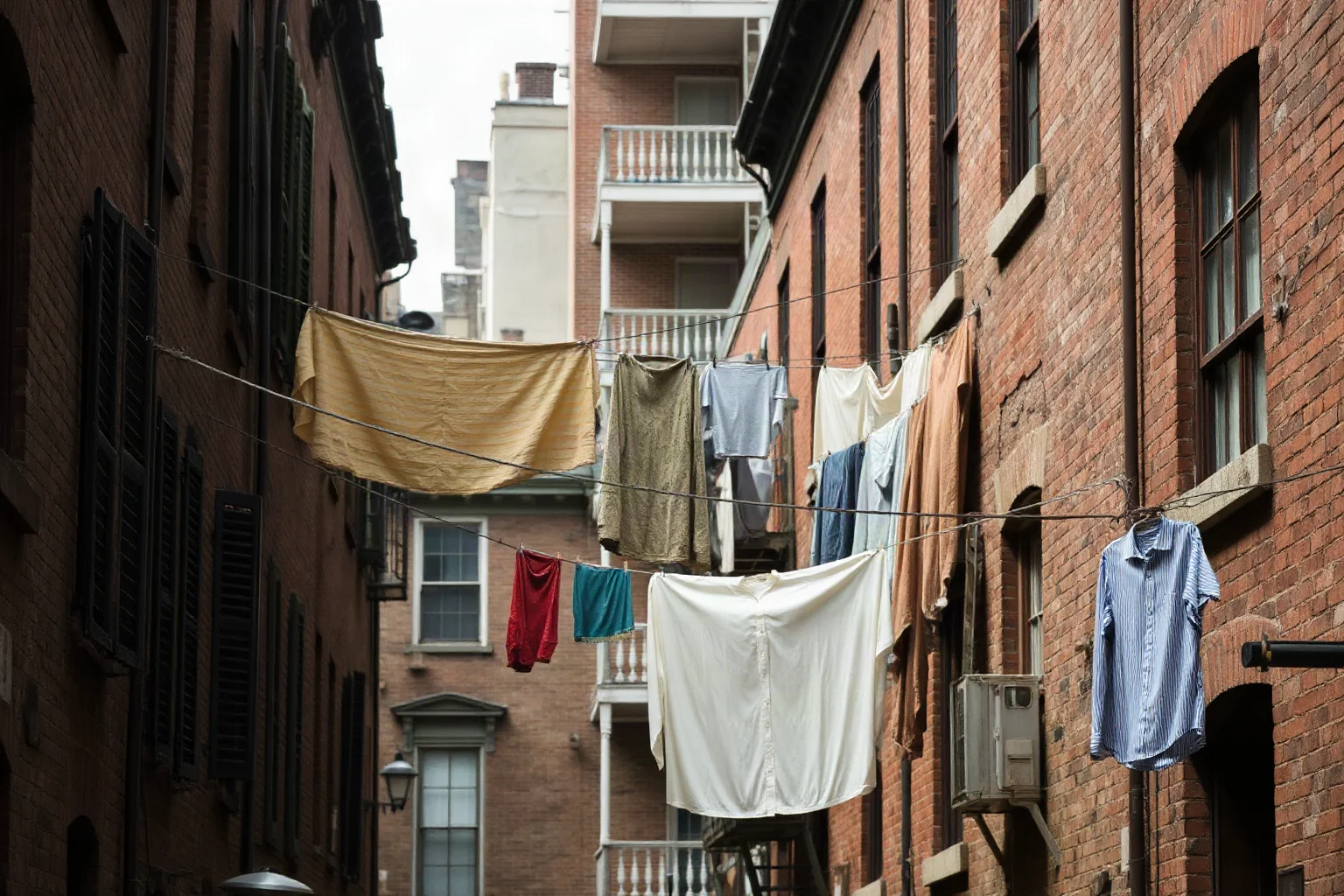 A cramped, overcrowded 19th-century urban tenement street with laundry lines