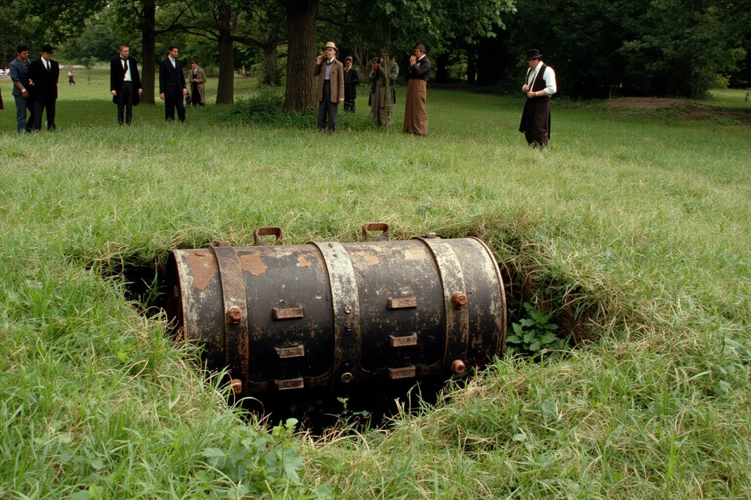 A crashed metal cylinder half-buried in a grassy English common, with curious Victorian-dressed onlookers at a distance
