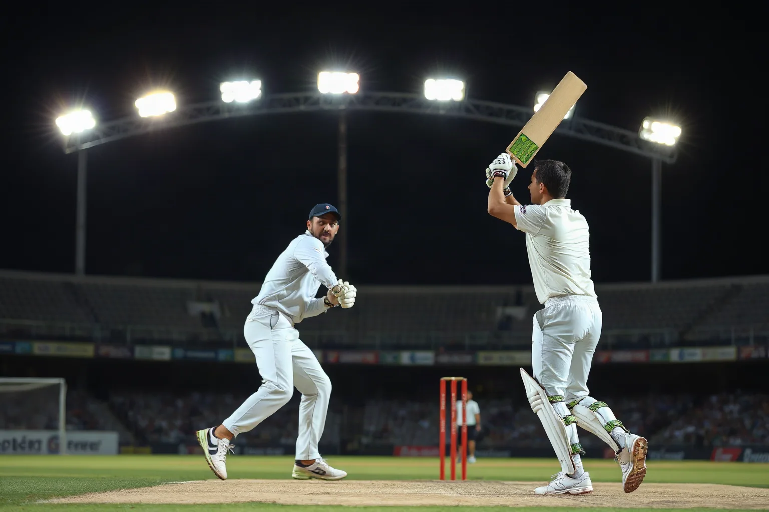 A cricket batsman facing a fast bowler under stadium floodlights, tense atmosphere, traditional cricket whites