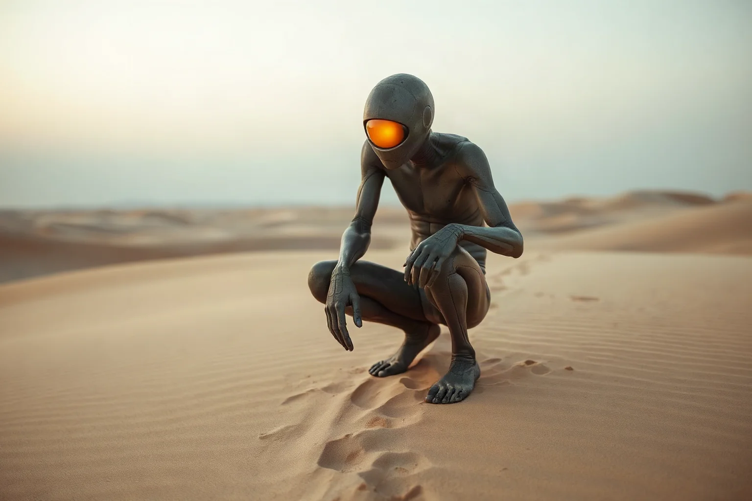 A crouched humanoid figure with eyes on the soles of its feet, one foot raised to see, on desert sand dunes