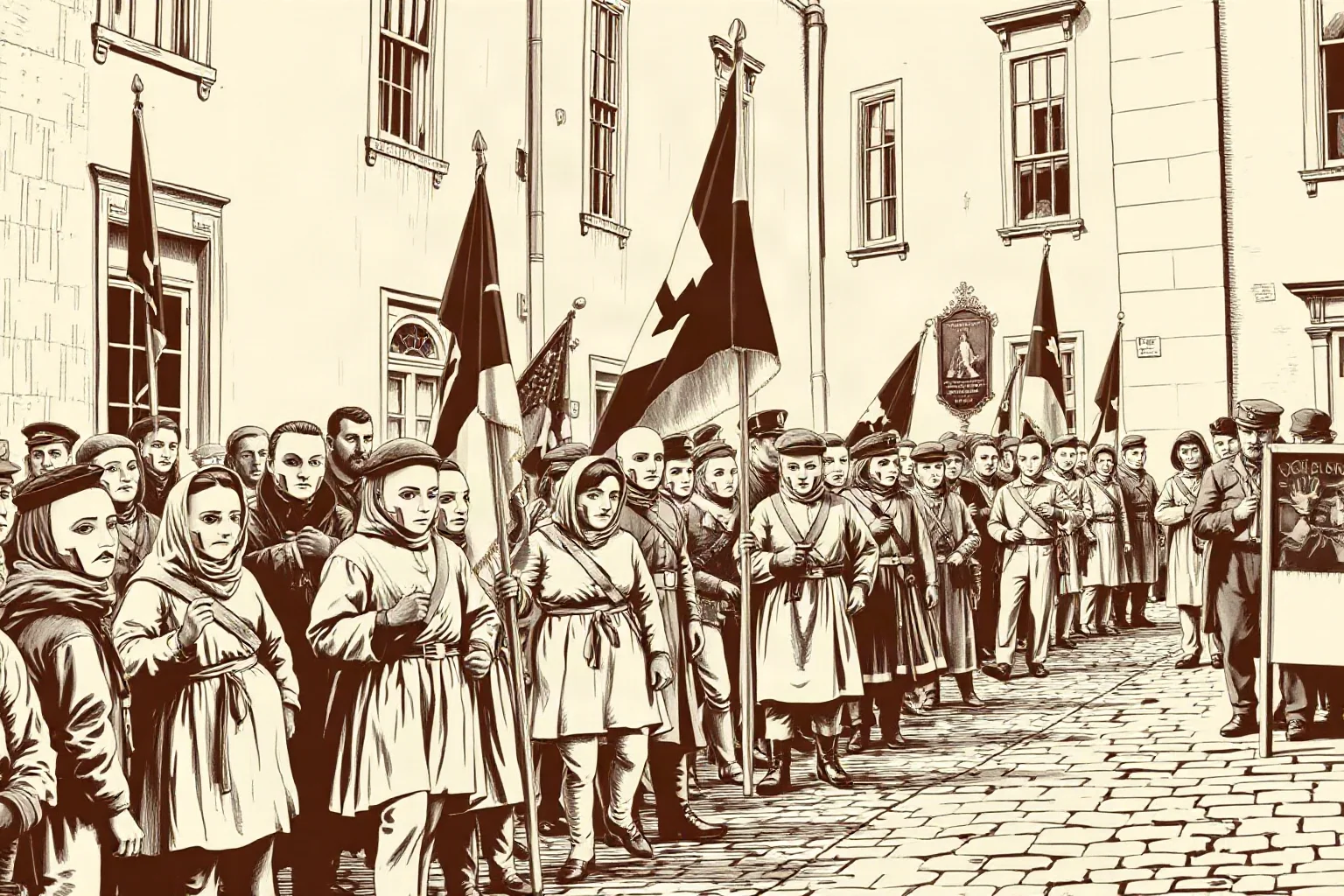 A crowd of masked 19th-century protesters on a cobblestone street, historical sepia illustration