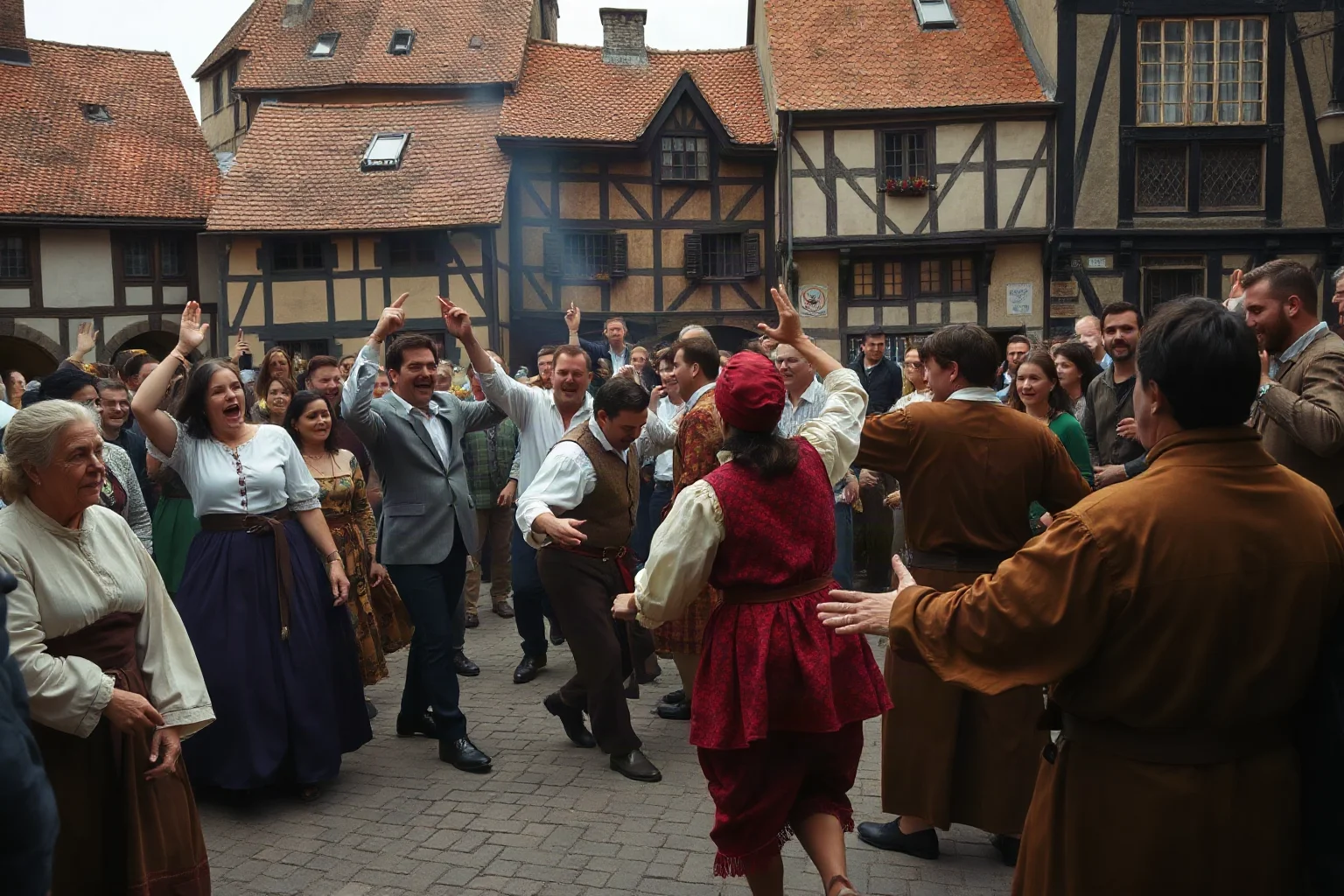 A crowd of medieval townspeople dancing frantically in a cobblestone town square while onlookers watch in shock