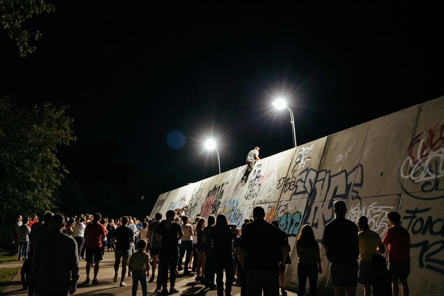 A crowd of people at a concrete wall covered in graffiti, climbing over it at night under floodlights