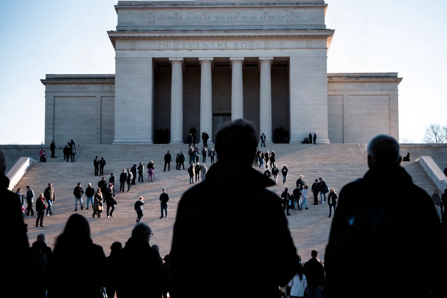 A crowd of silhouetted figures gathered peacefully before a grand memorial steps, evoking a historic public gathering