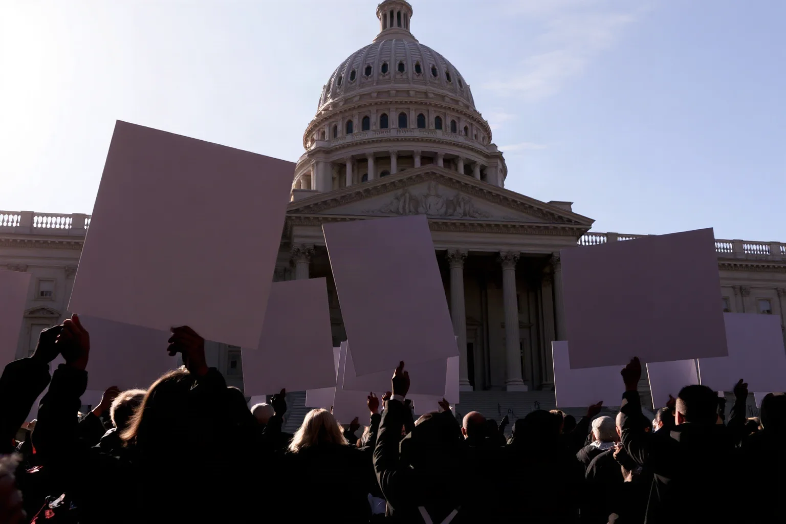 A crowd of silhouetted figures holding blank protest banners outside a grand government building, symbolic of a historic voting-rights march.