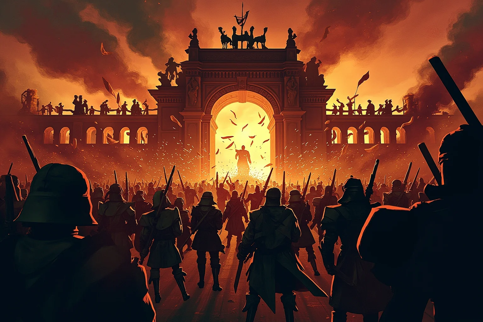 26 Facts About Nostradamus and His Predictions 17 A crowd of silhouetted figures storming a grand palace gate, historical revolution style illustration