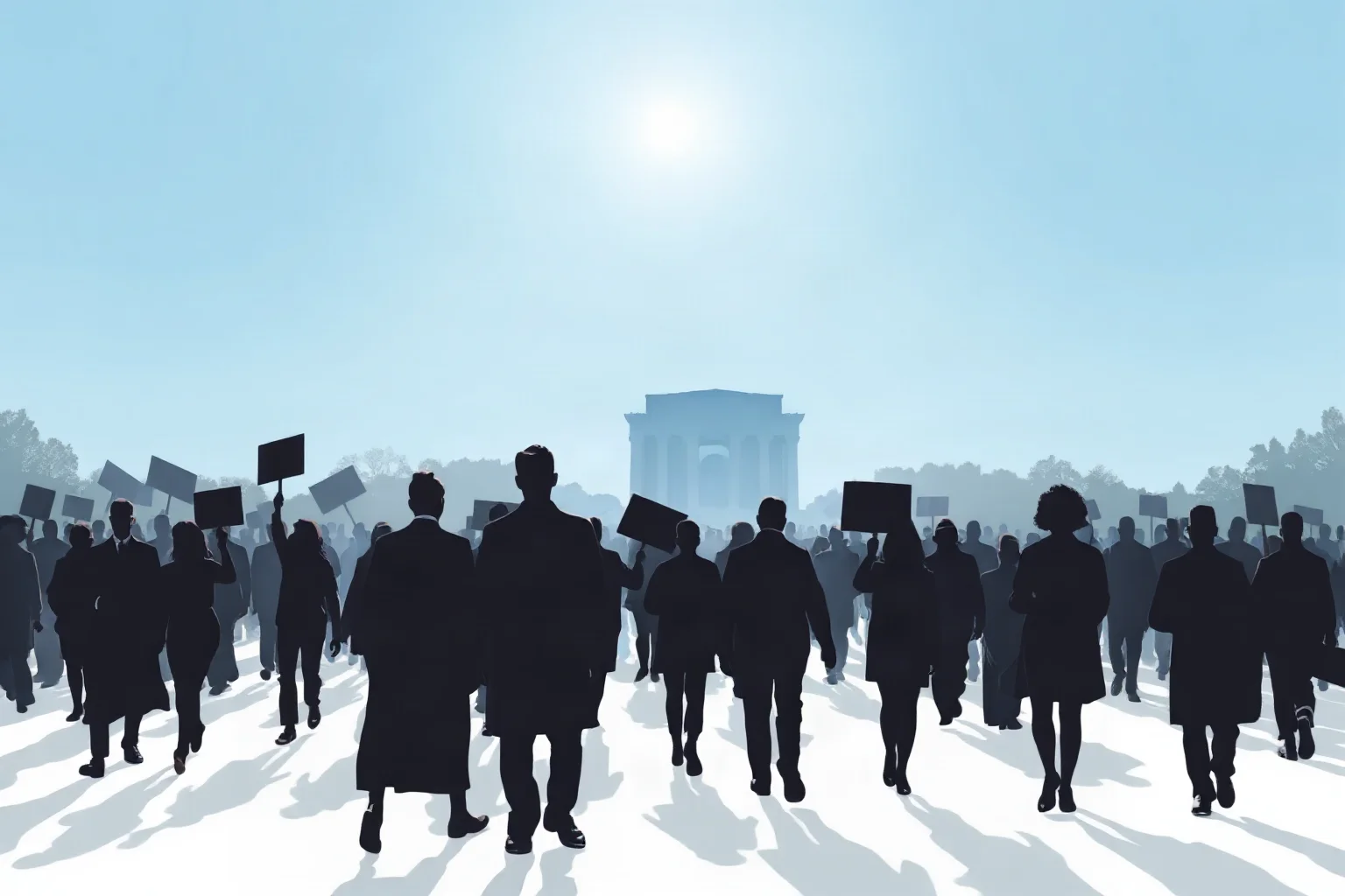 A crowd of silhouetted figures walking together peacefully toward a distant monument under a bright sky, symbolic civil rights march illustration.