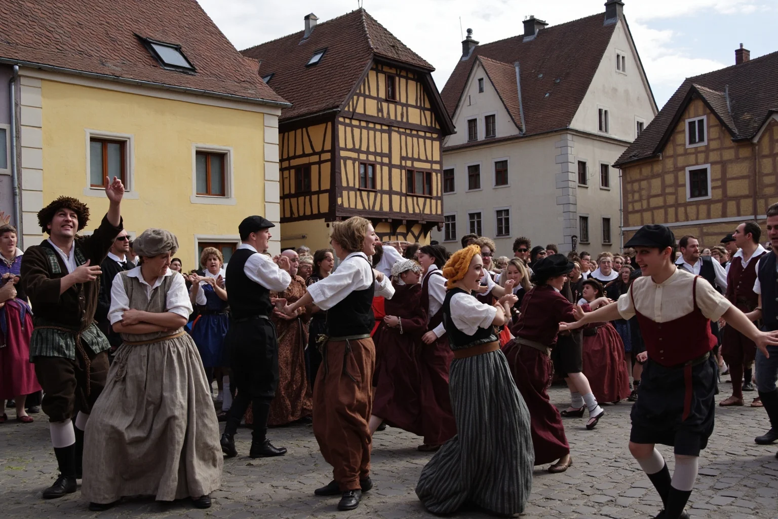 A crowd of townspeople in medieval dress dancing wildly in a cobblestone town square