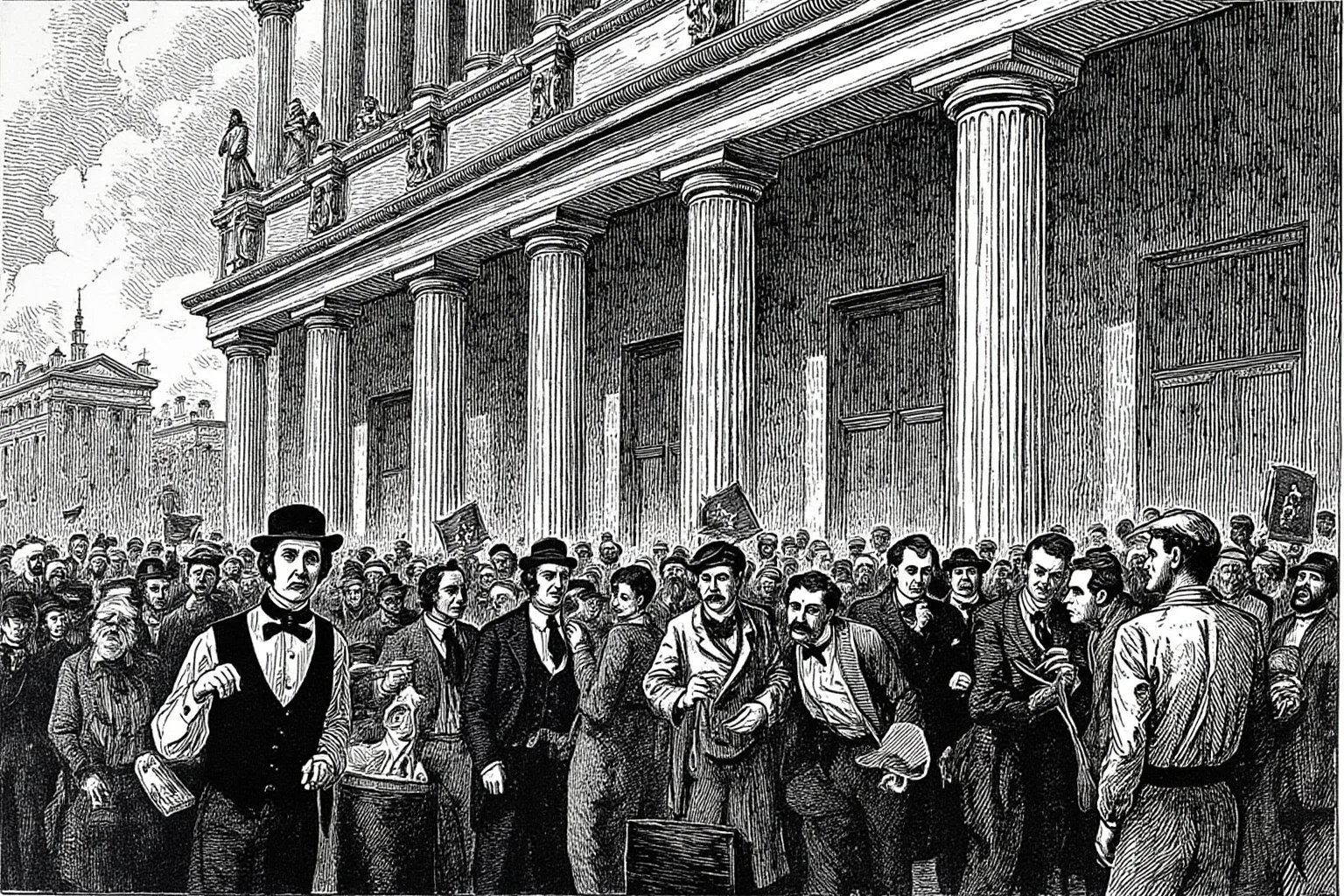 23 Facts About Hetty Green, the Billionaire Who Lived Like a Beggar 15 A crowd of worried people outside a grand 1900s bank building during a financial panic, illustration style